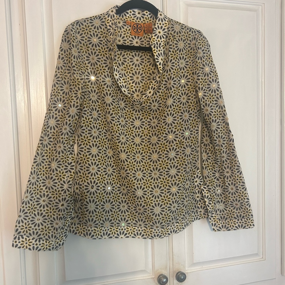 Tory Burch Geometric Print Top in Black and Cream